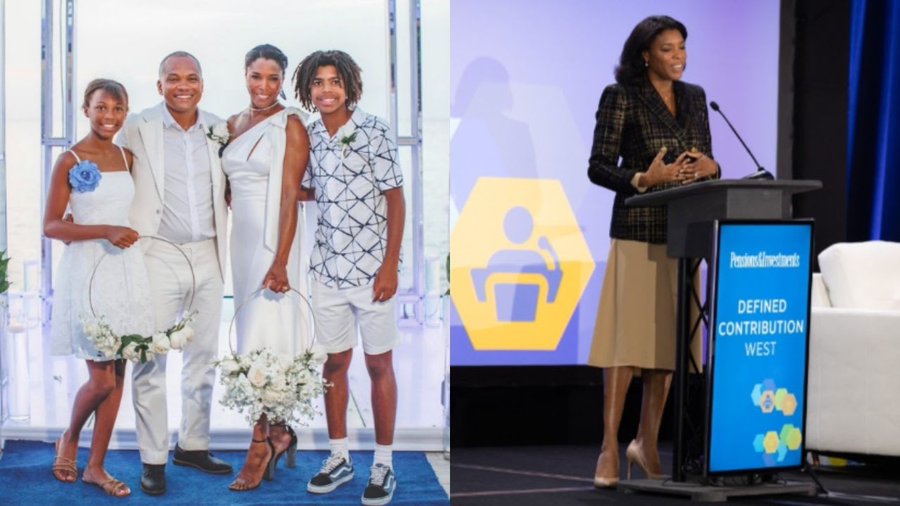 Split image: Left, a family of four dressed in white poses together at an event. Right, a woman speaks at a podium during a professional conference.